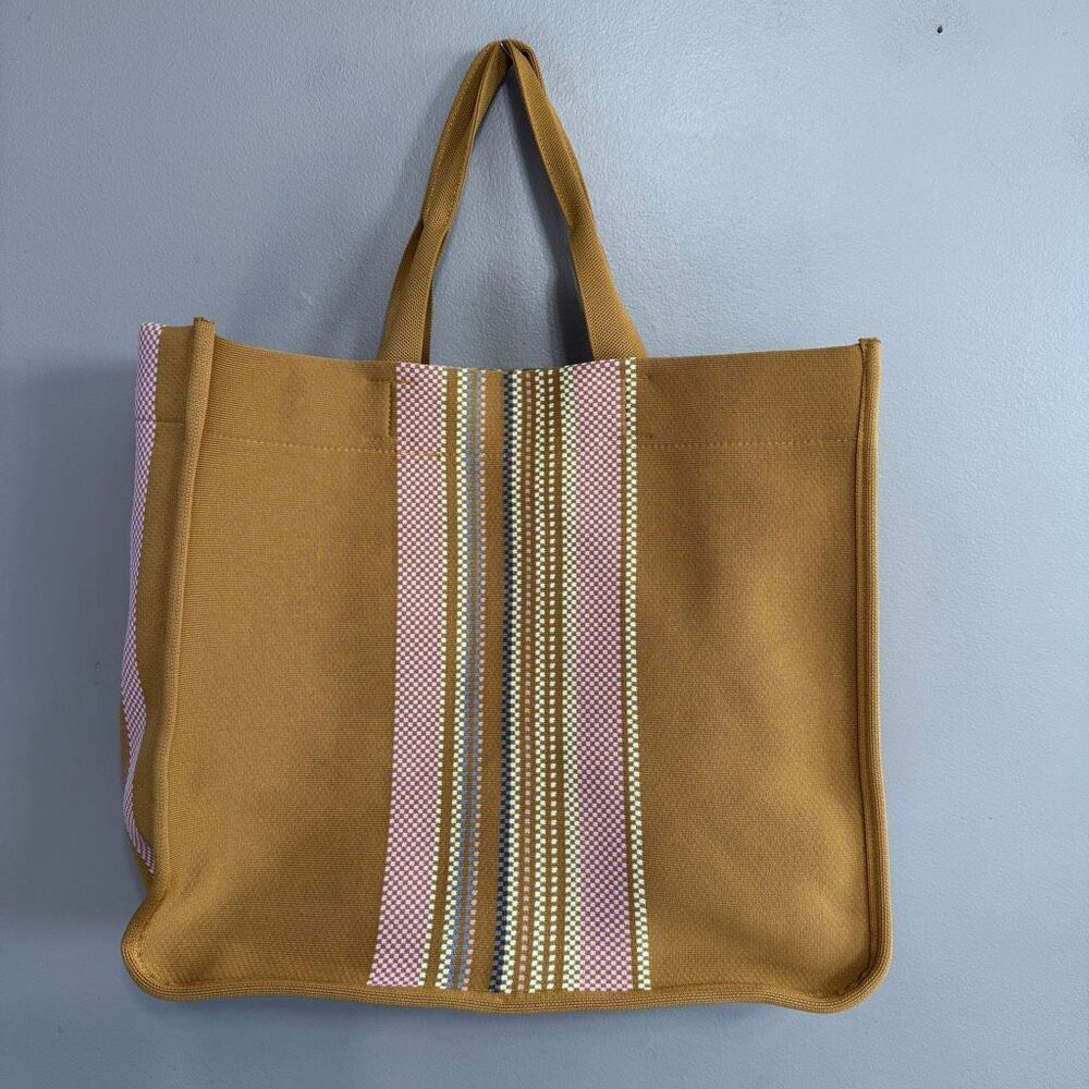Aerie Large Beach Tote Mustard Yellow Multi Color Striped Accent Panel - Picture 2 of 9